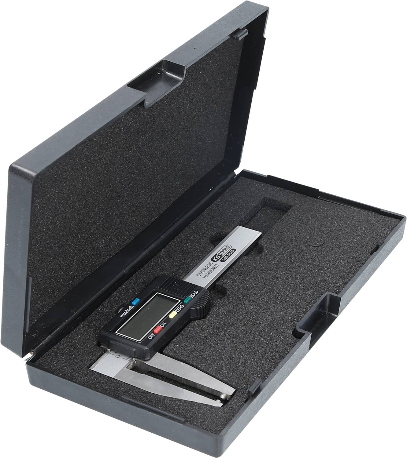 Digital caliper in black plastic box with foam lining. Measuring instrument is compact and features a display for reading.