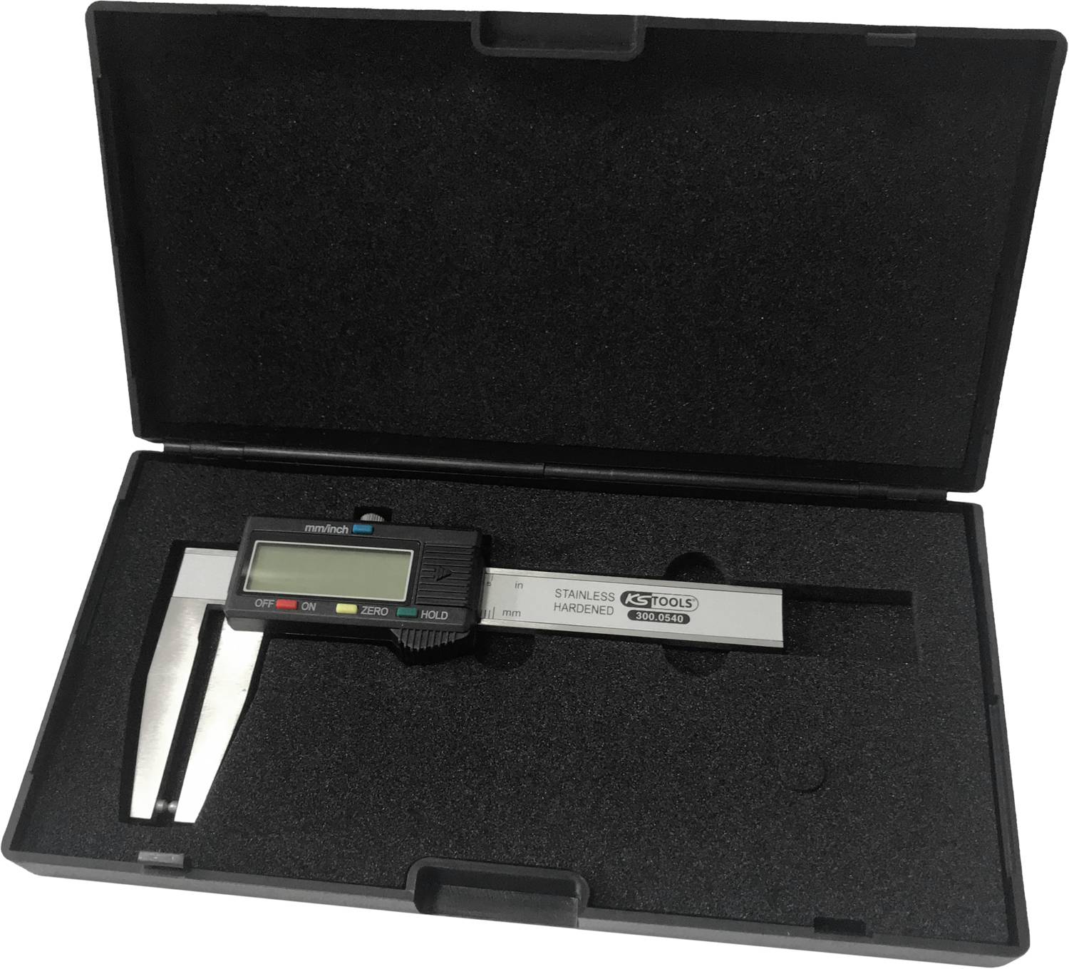 A digital calliper in an open black case, ready for measurement.