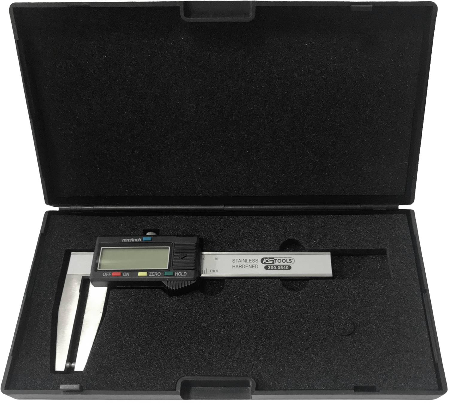 Digital calliper in a black case. The display shows measurement units. Ideal for precisely measuring objects.