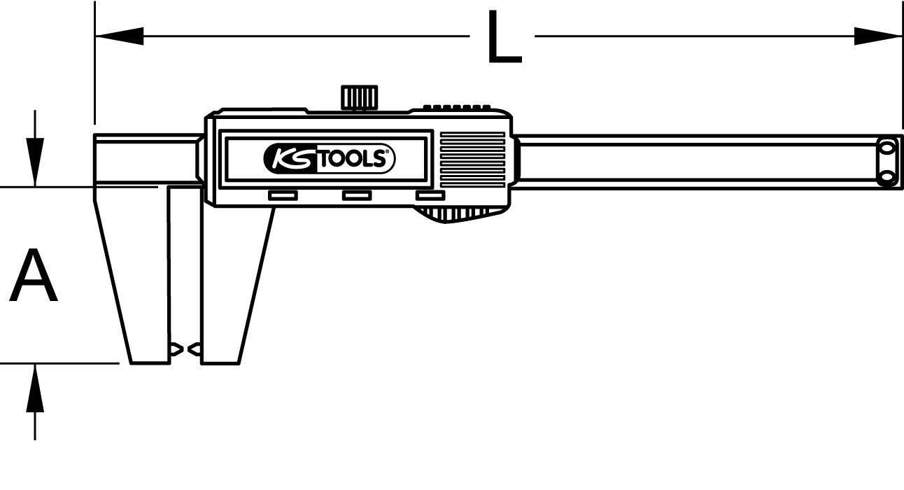 Figure of a digital vernier caliper. Markings A and L highlight dimensions. The display shows no measurement value.