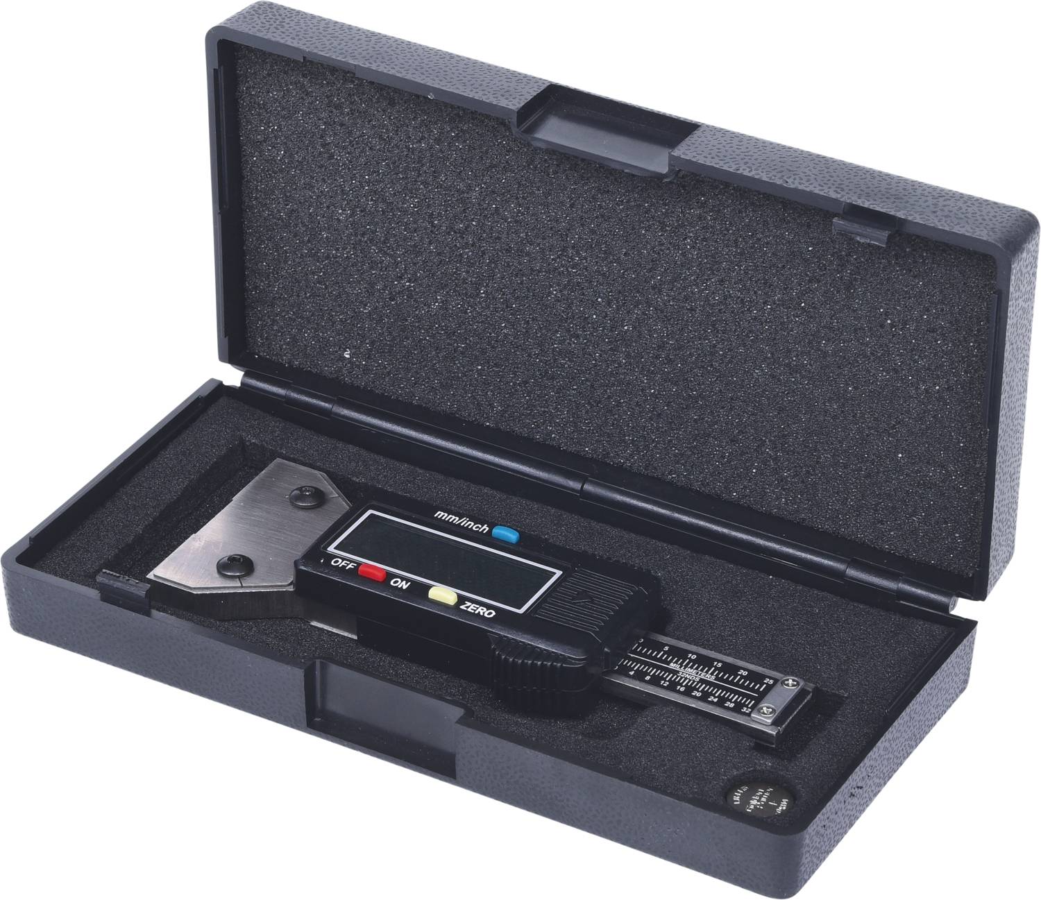 'A digital calliper in an open case. The display shows measurements, with buttons for on/off, unit, and zero setting.'