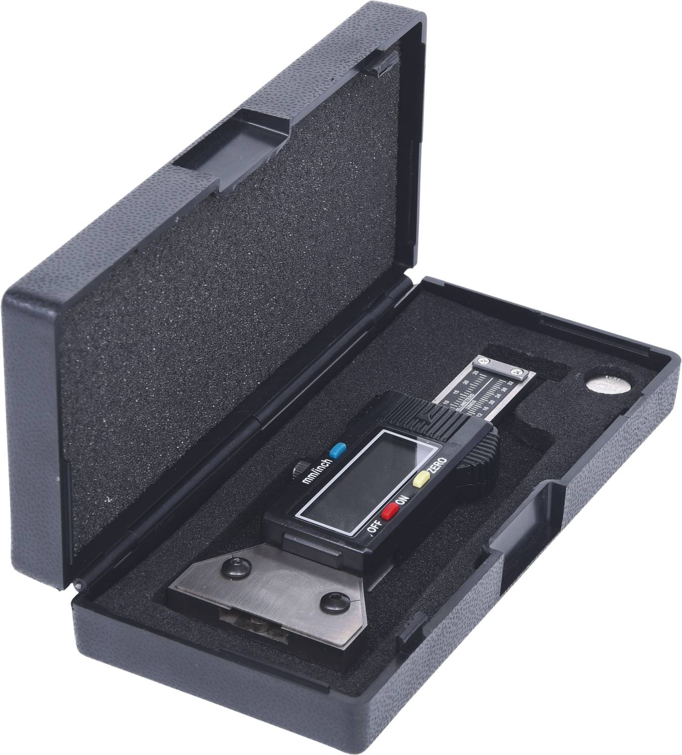 A digital calliper lies open in a black protective case, ready for use for precise measurements.