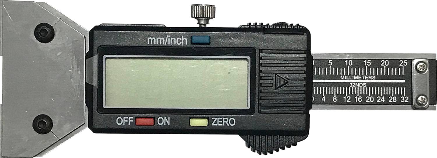 A digital calliper with an LCD display and buttons for switching on and off. Scale in millimetres and inches.