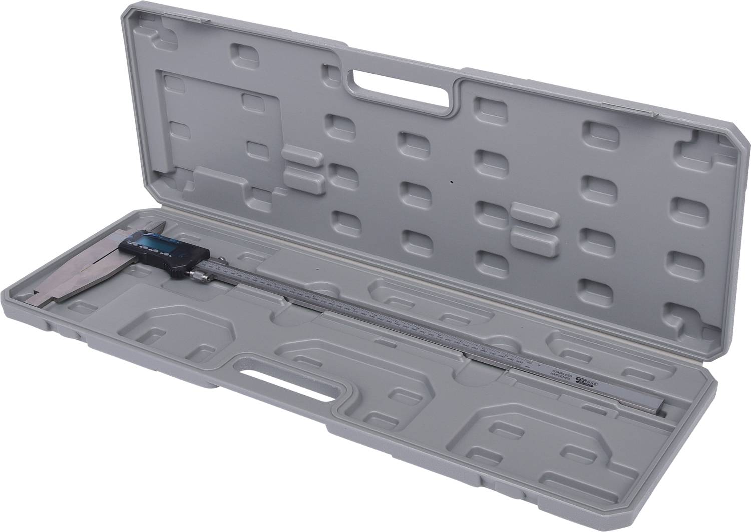 A digital calliper is lying in an open grey plastic case.