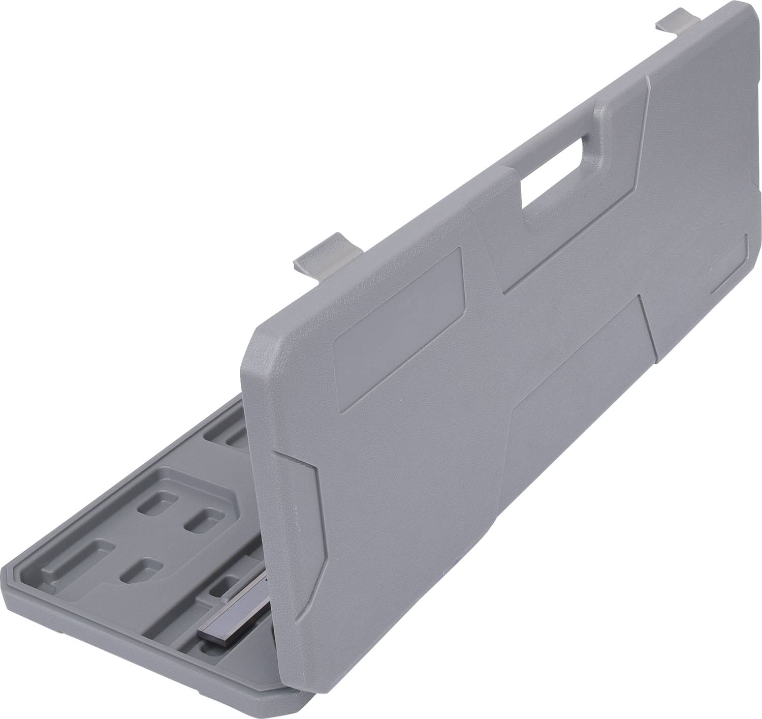 A grey plastic case with a carrying handle, partially open, reveals recesses for storing tools.