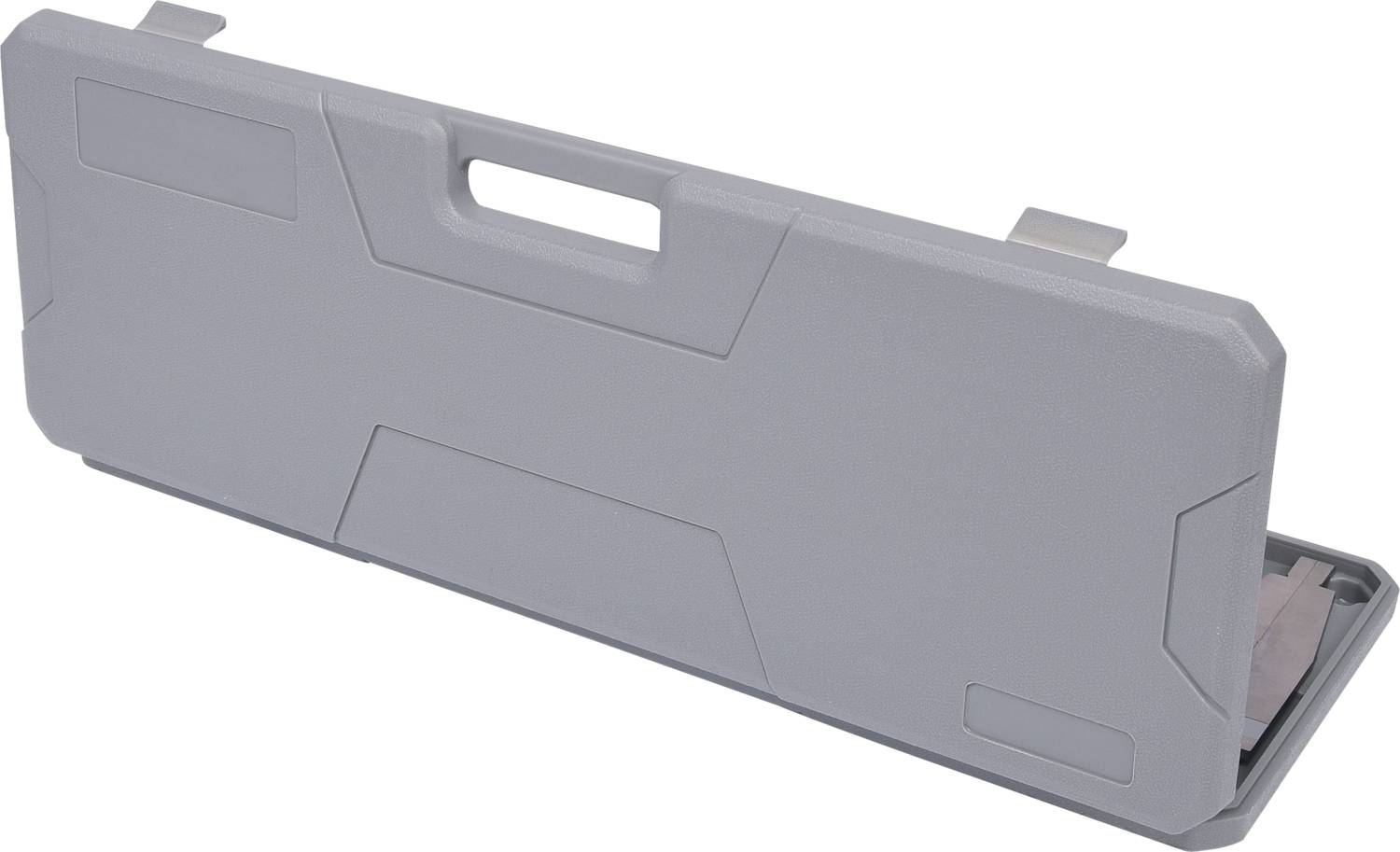 Grey plastic case with handle, rectangular shape, likely for tools or equipment, closed, standing upright.