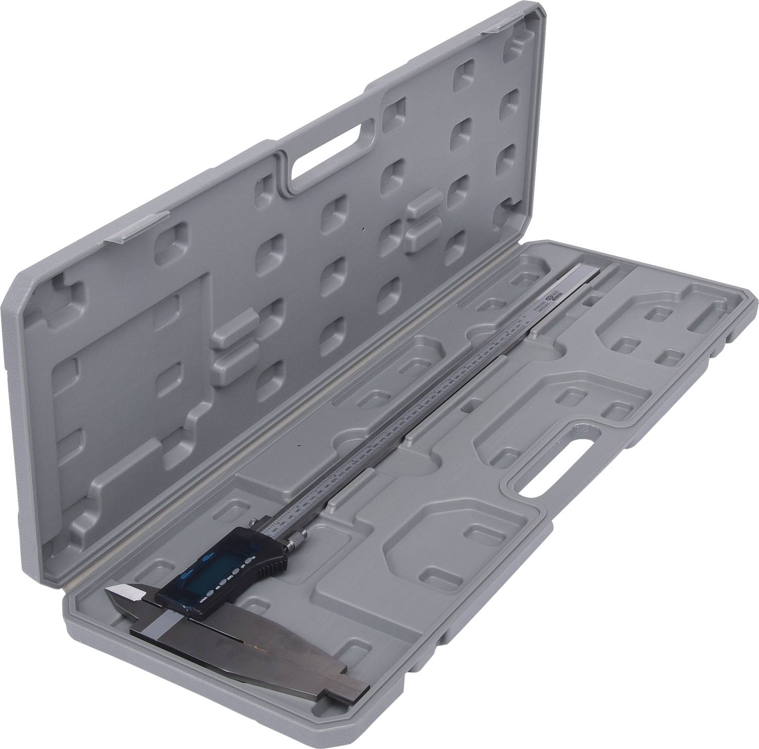 A digital calliper is resting in a grey plastic case. The case is open, revealing the compartments for the tool.