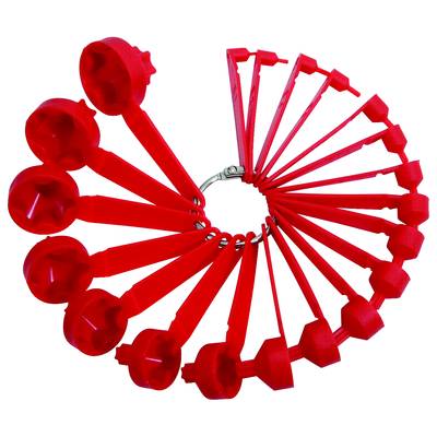 Red measuring spoons in various sizes, arranged fan-like on a ring, for precise measuring of ingredients.