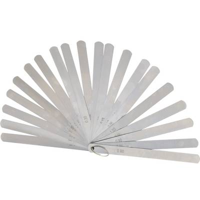 A set of feeler gauge blades, opened like a fan. They are made of metal and have different thickness markings for measuring gap sizes.