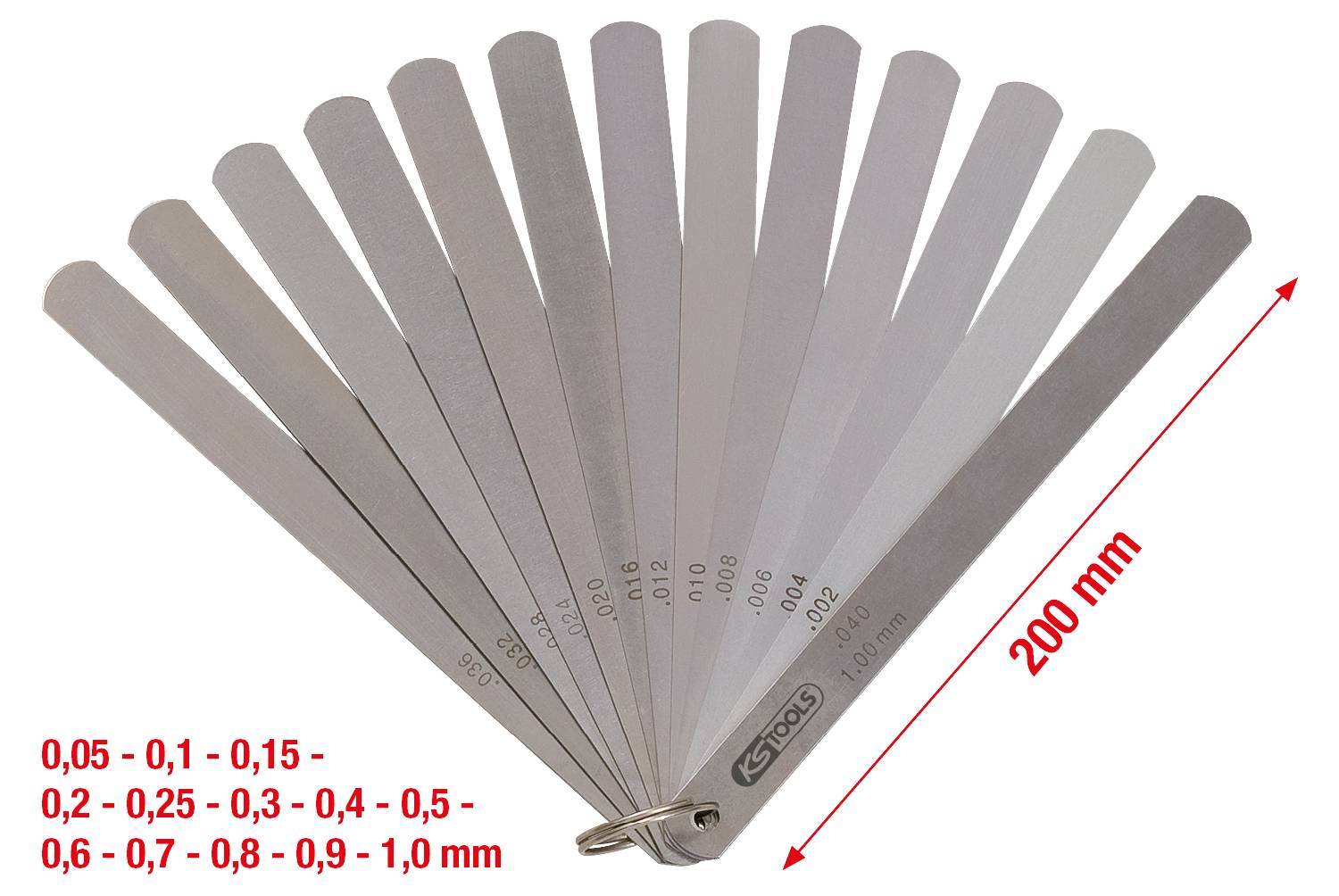A set of feeler gauge blades in various sizes from 0.05 mm to 1.0 mm on a ring holder, accompanied by a red 200-mm length indicator.