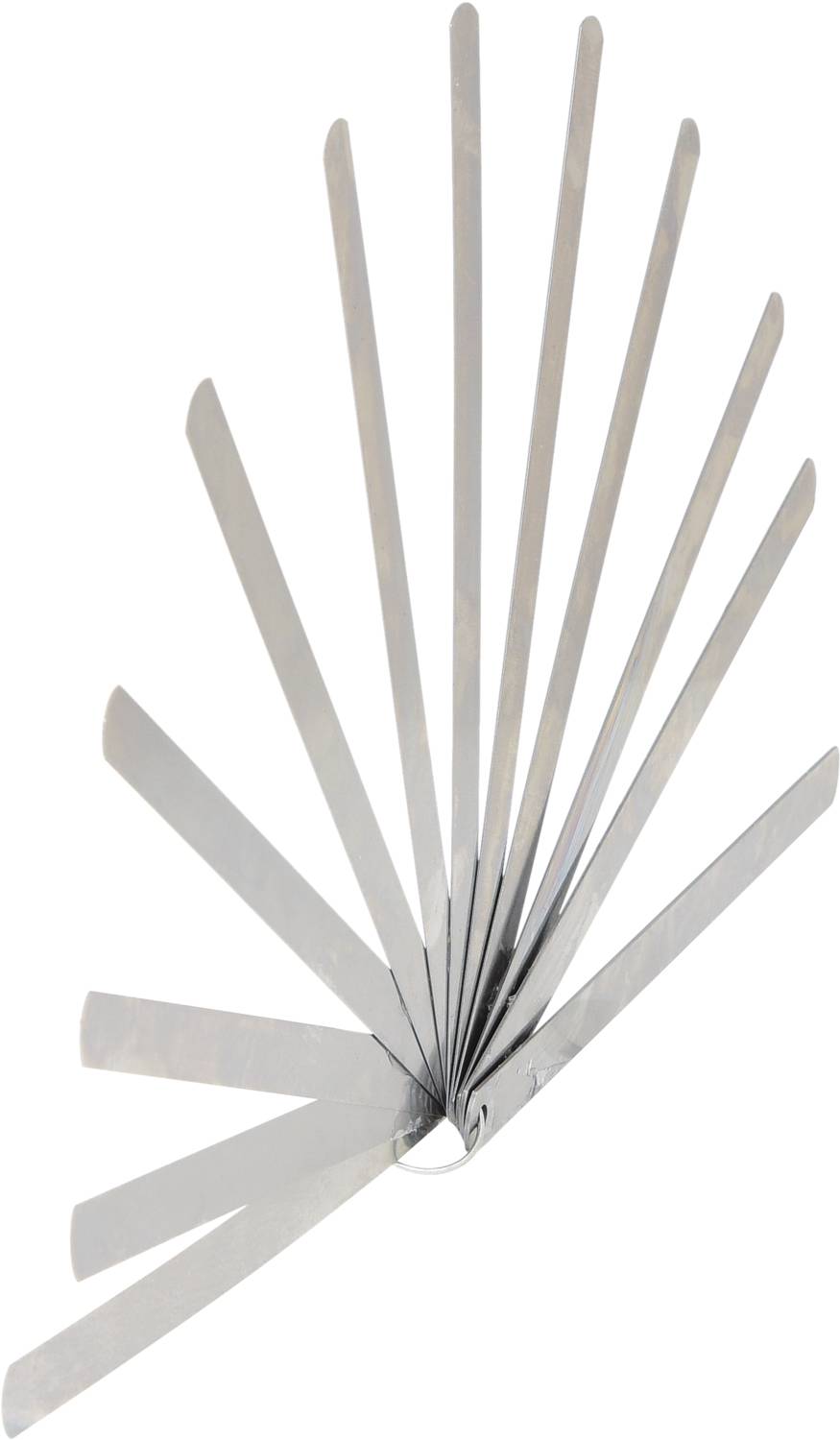 'Set of feeler gauge blades opened in a fan', tool for measuring gaps or clearances.
