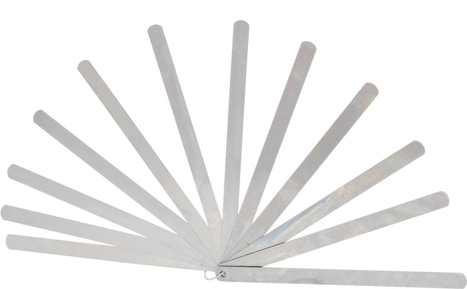 A fanlehre comprising several long, thin metal strips connected at one end and overlapping to measure angles.