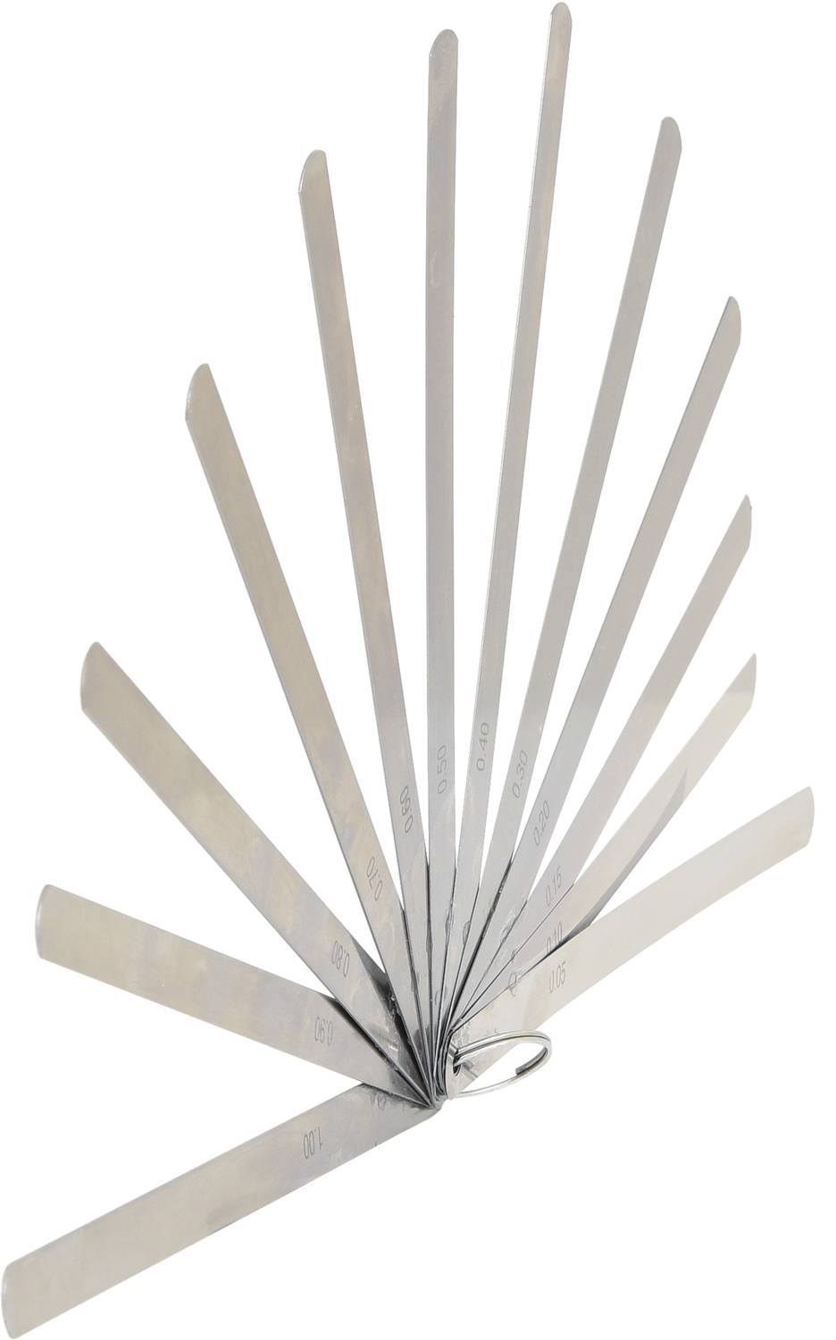 A feeler gauge set with several metal blades arranged in a fan configuration. Used for measuring gap sizes.