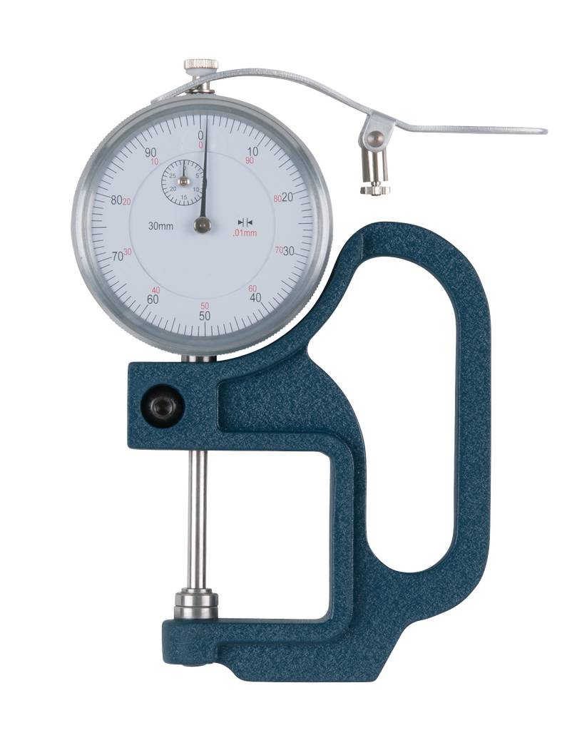 A blue measuring instrument with a round dial and scale for measuring thicknesses in millimetres. It is used in technical and craft applications.