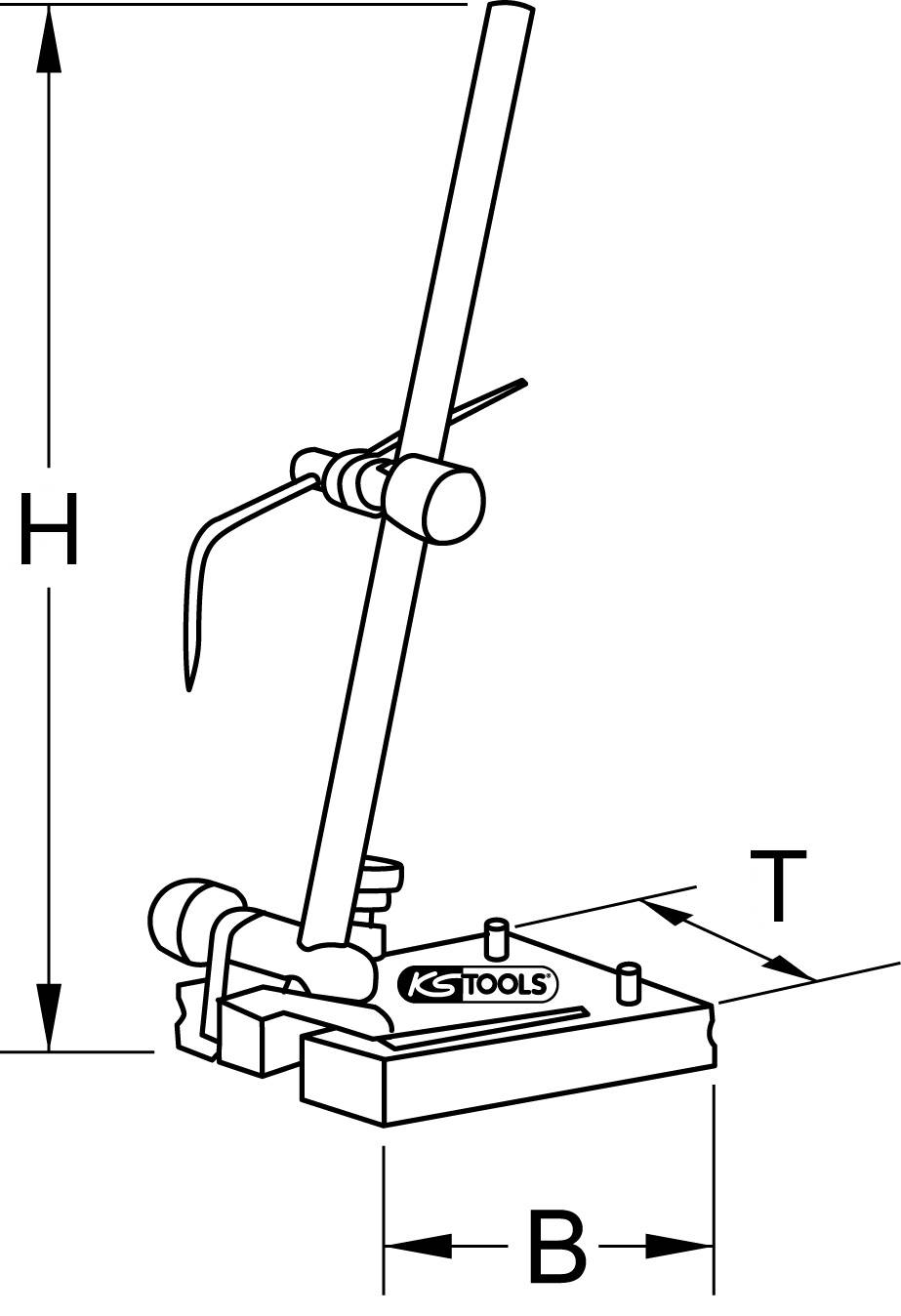 Diagram of a measuring stand by KS Tools, showing height (H), depth (T), and width (B) of the base with a holder for measuring instrument.
