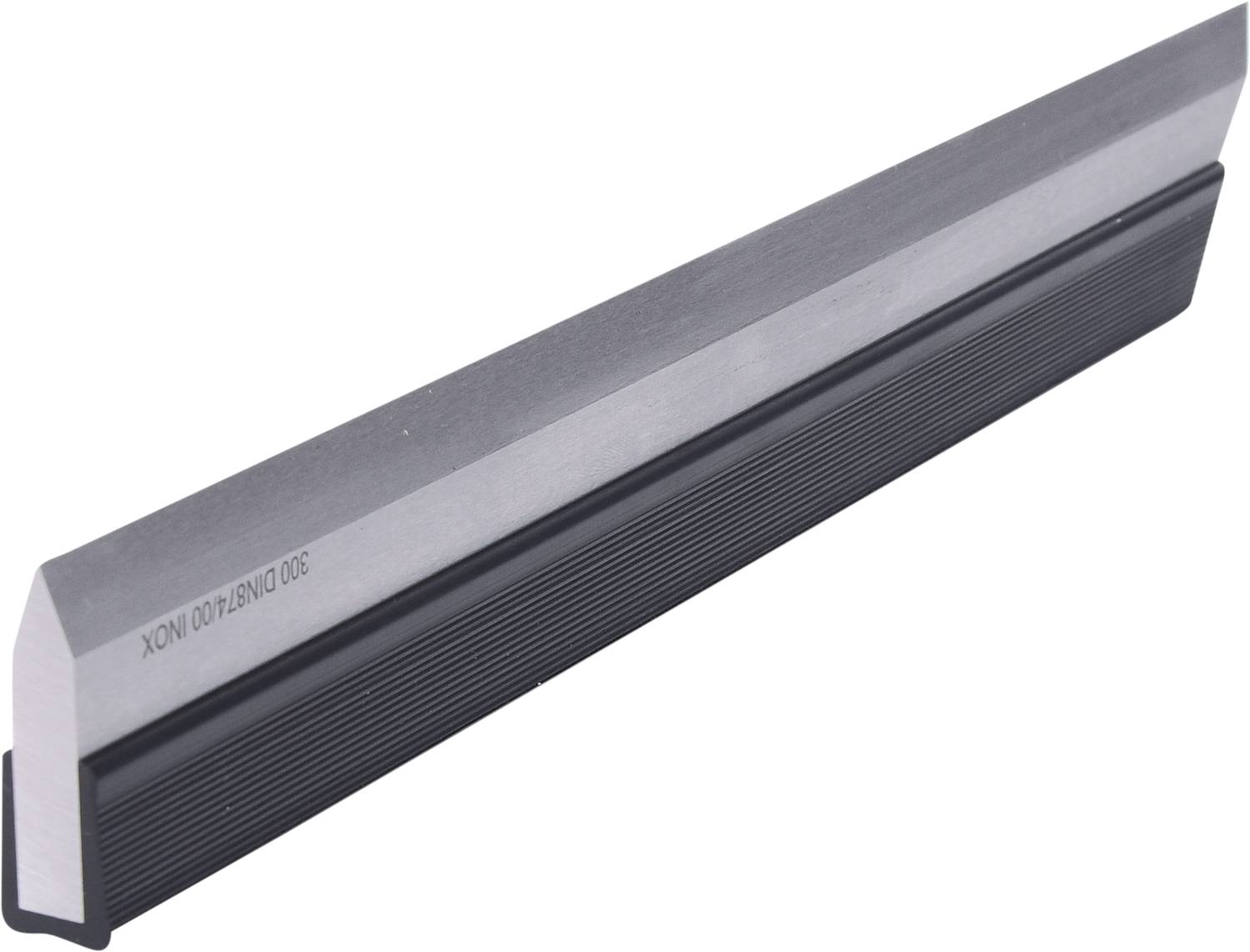 Metal scraper with a ribbed handle and smooth blade, used for removing residues from smooth surfaces.