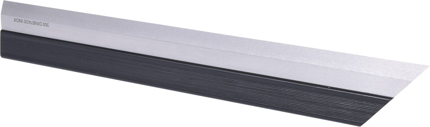 A long, angled metal ruler that can be used as an edge guide or straightedge is lying on a white background.