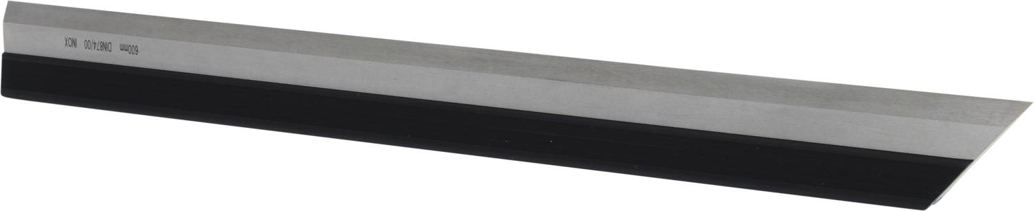 Shown is a metal ruler with a sharp edge, used for cutting work. It has a black and silver surface.