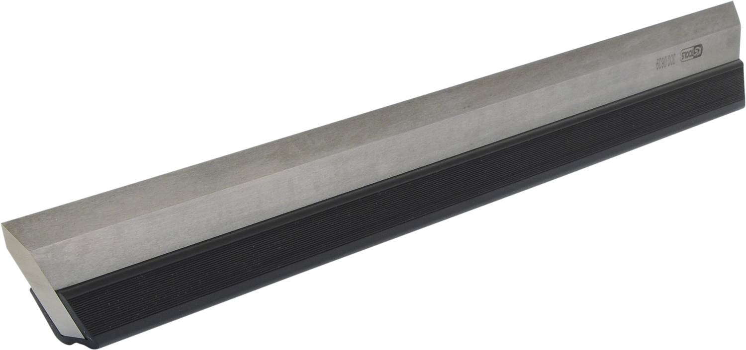A broad squeegee with a silver blade and black handle, used in printing machines for precise colour control.