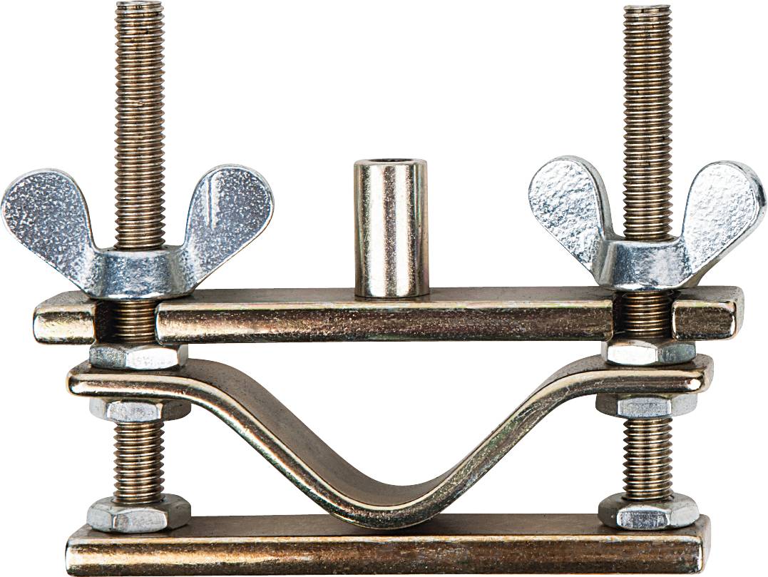 Metal clamp with two threaded bolts and wing nuts, for securing objects.