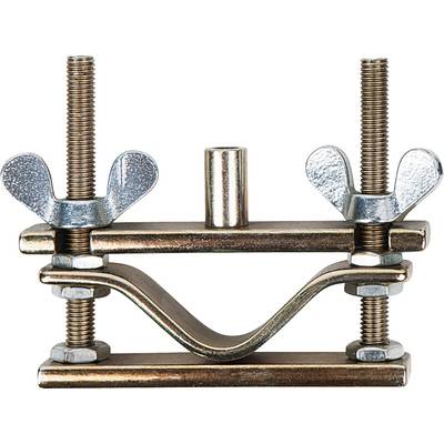 Metal clamp with two threaded bolts and wing nuts, for securing objects.