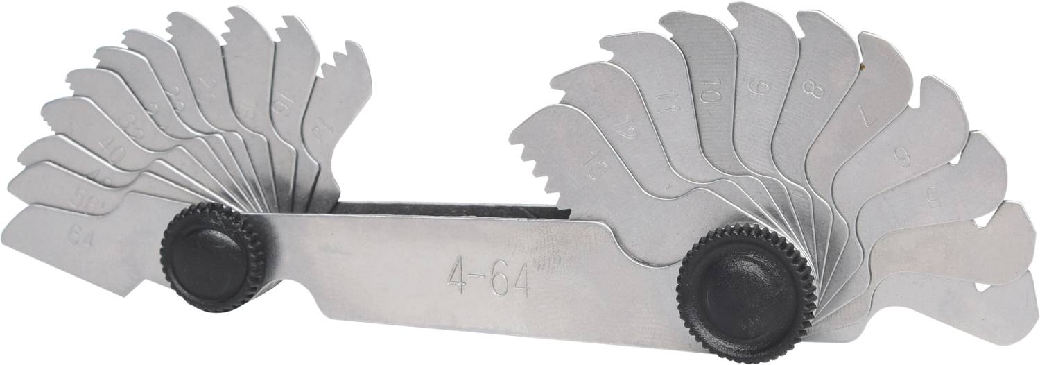 Metal measuring tool with several fold-out blades that indicate various thread sizes.