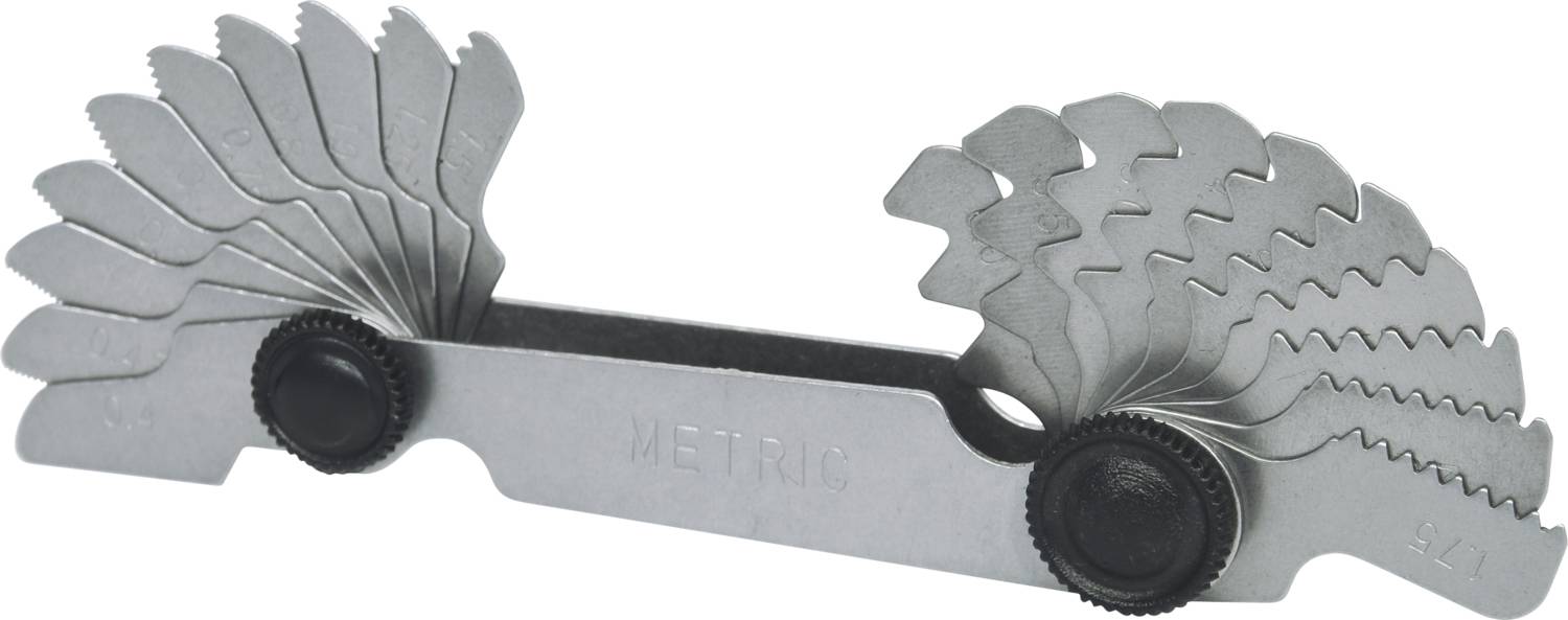 A multi-leaf thread gauge fanned out for measuring thread pitches in metric sizes.