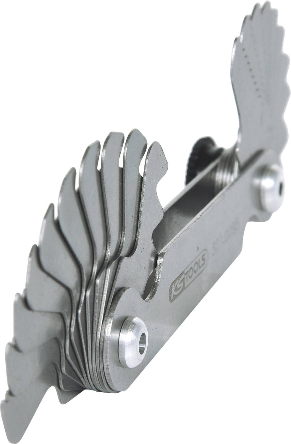 A metal feeler gauge with multiple blades of varying widths. It is used for measuring gaps or distances.