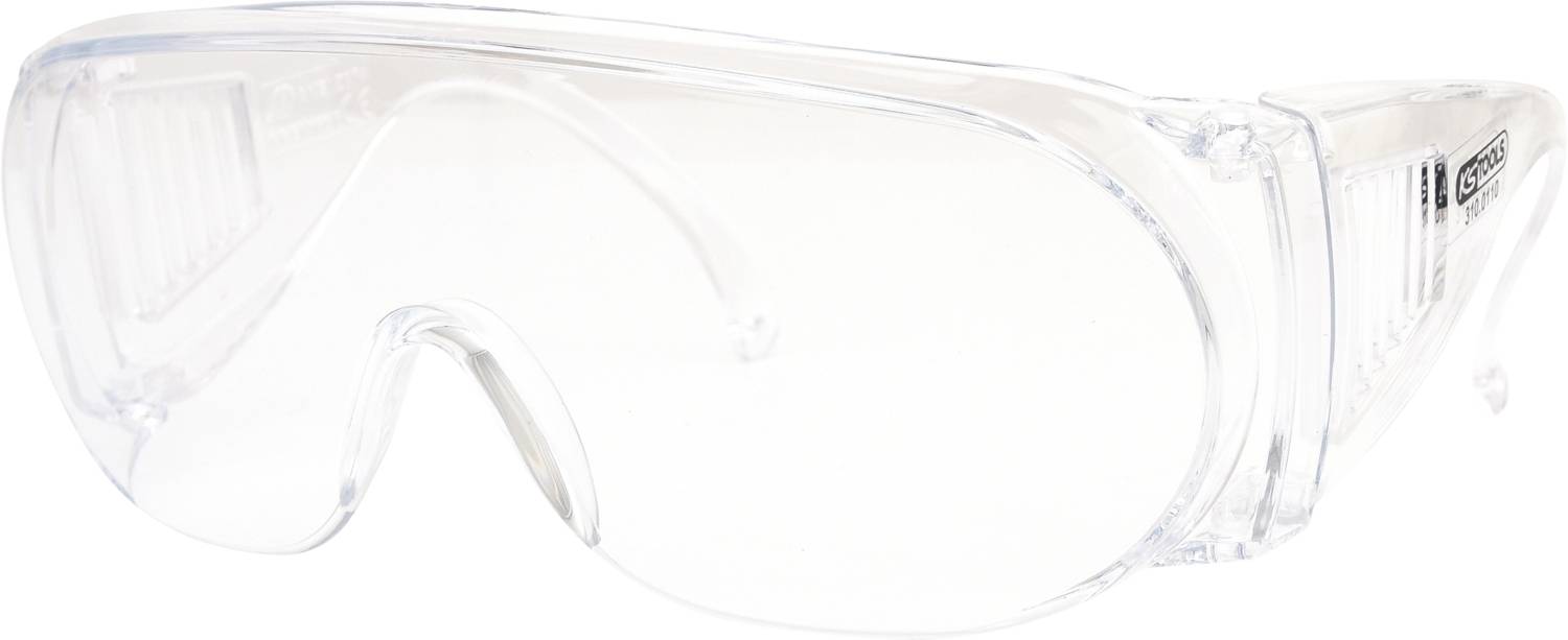 Clear plastic safety glasses that protect the eyes. Suitable for laboratory use or work with hazardous materials.