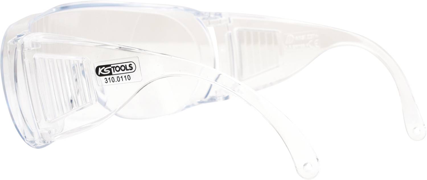 Transparent safety glasses with clear, wrap-around lenses and side protection for enhanced safety during manual work.