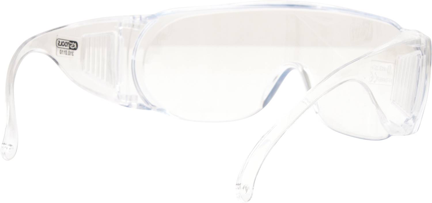 Clear safety glasses with transparent lenses and side protection for eye safety during work or in hazardous environments.