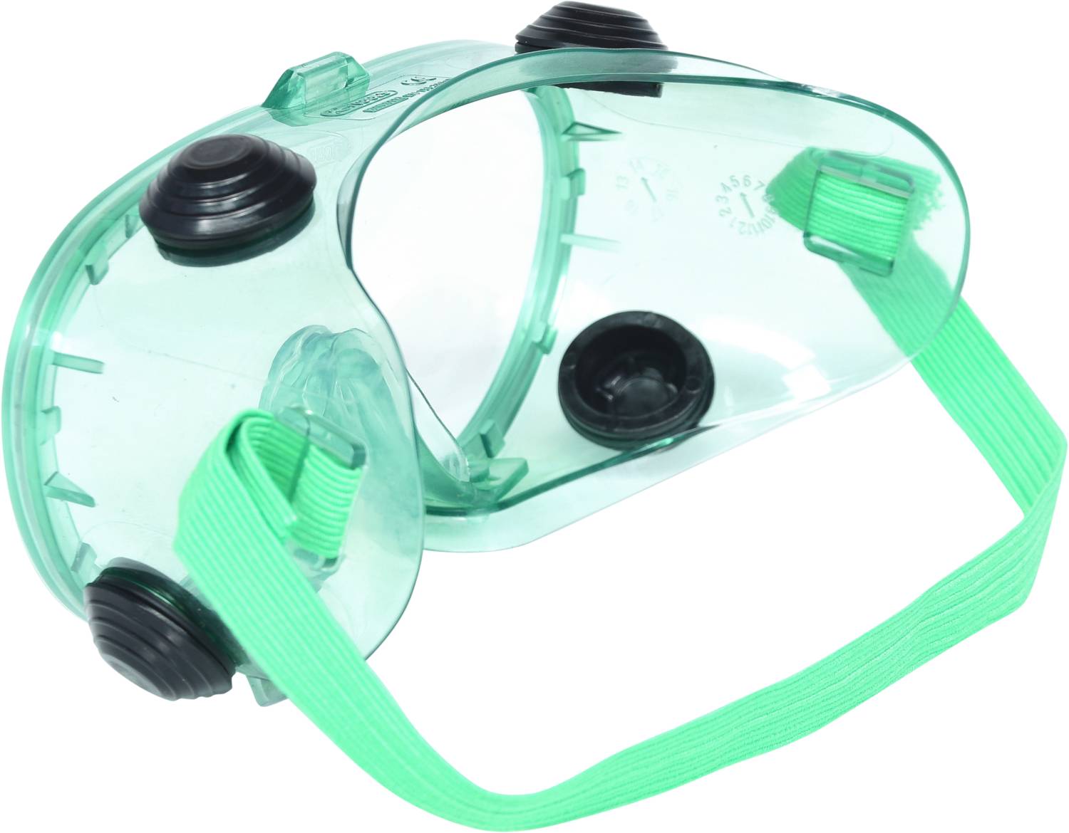 Translucent diving mask with green elastic straps, side valves, and a circular viewing lens.