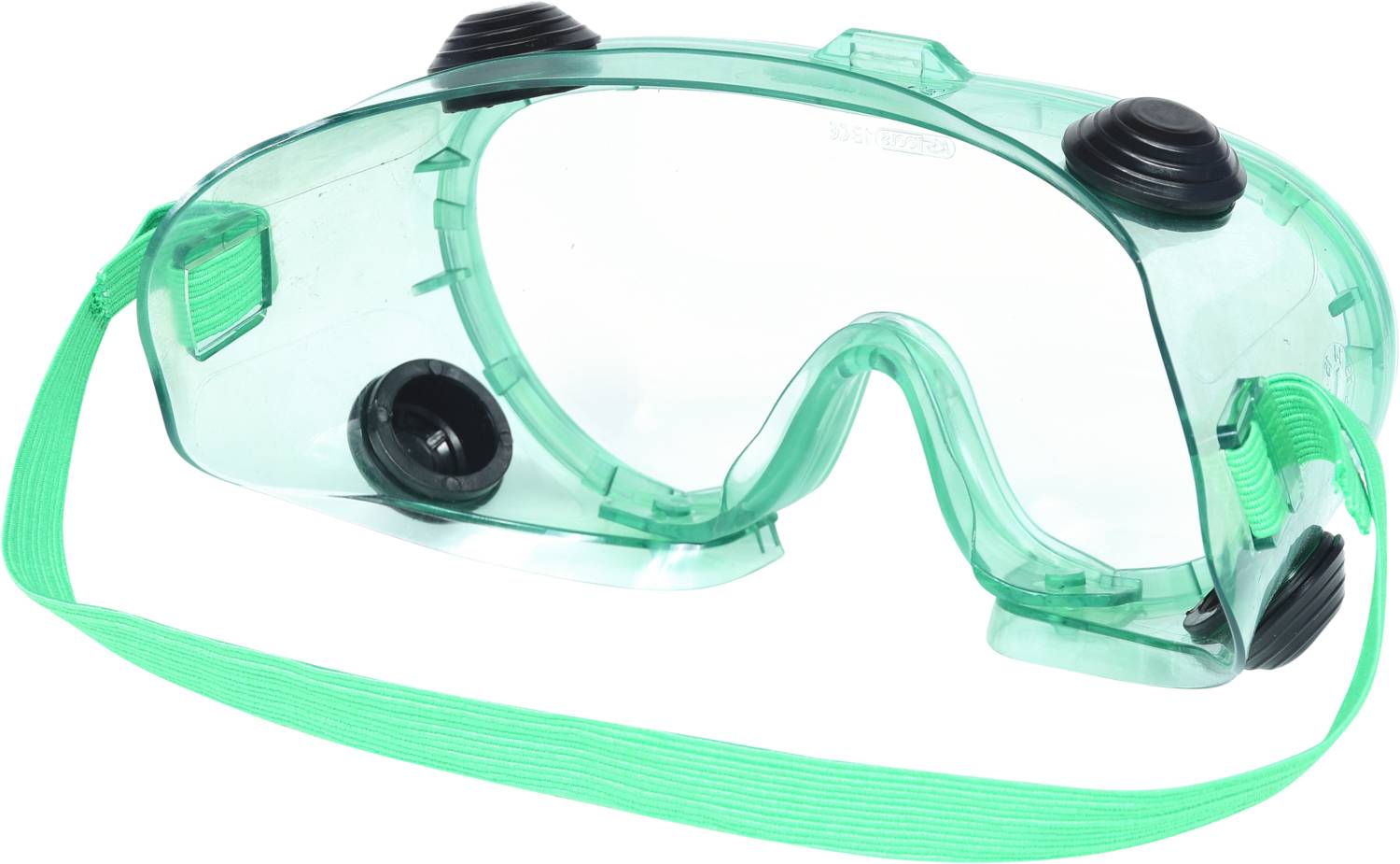 Safety goggles made of transparent green plastic with a black valve and an adjustable, elastic strap.
