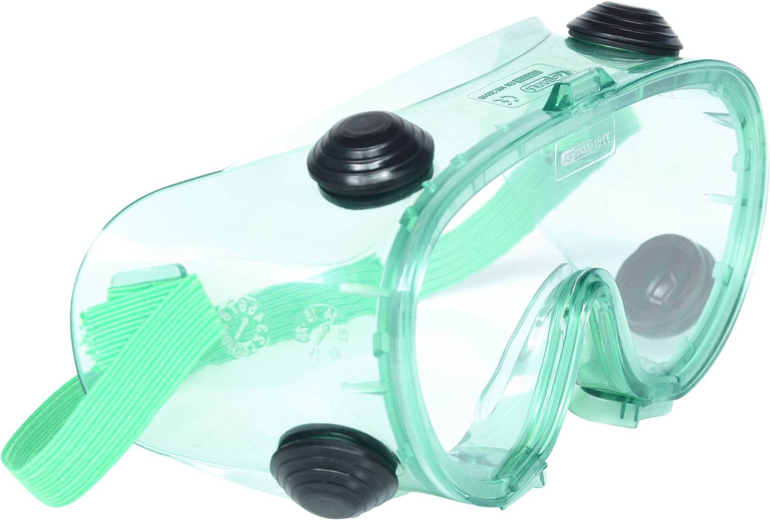 A green safety spectacles equipped with black ventilation elements. They provide eye protection for laboratory work.