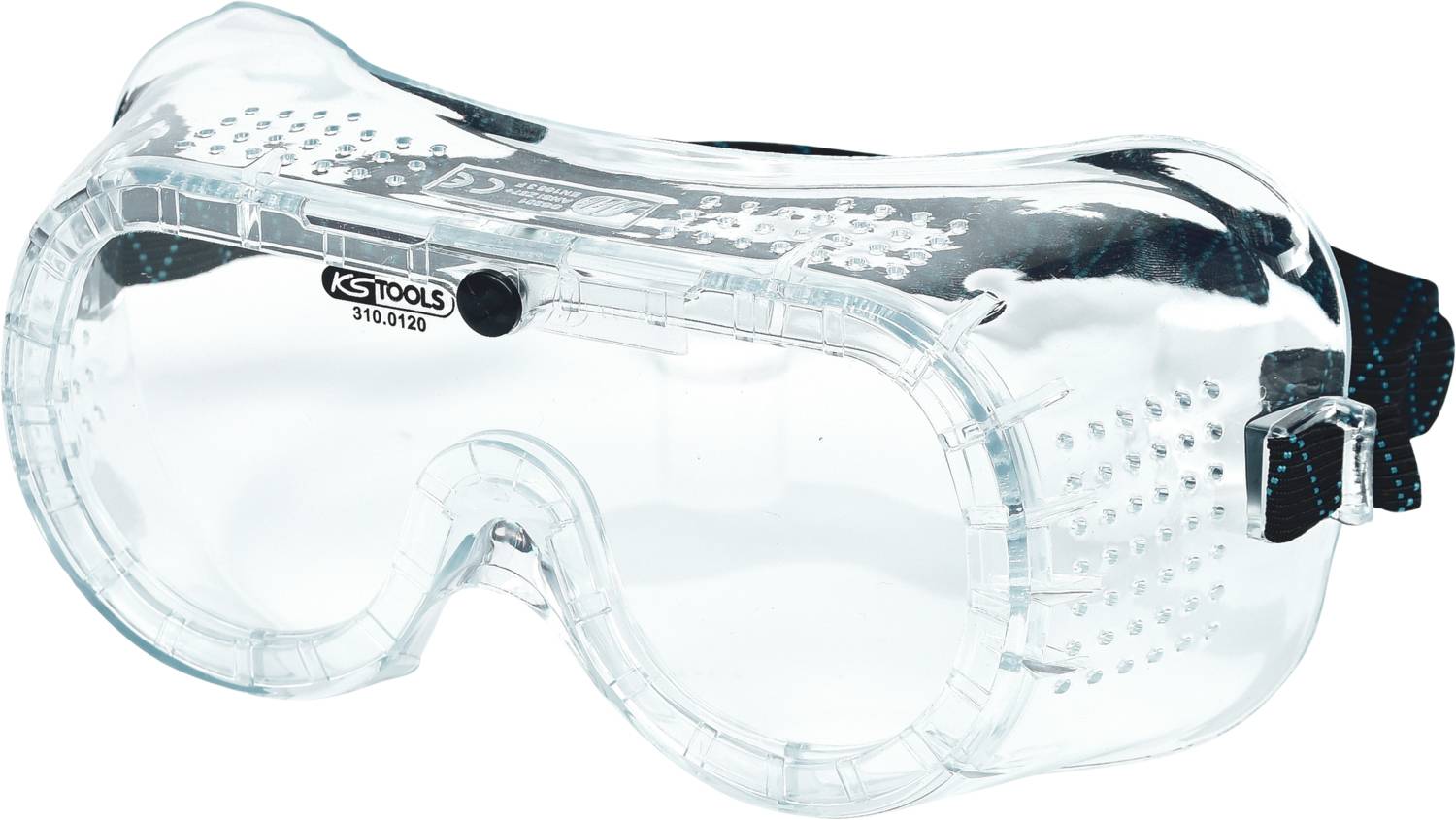 Safety goggles made of clear plastic with a black elastic strap and side ventilation, suitable for use in workshops.