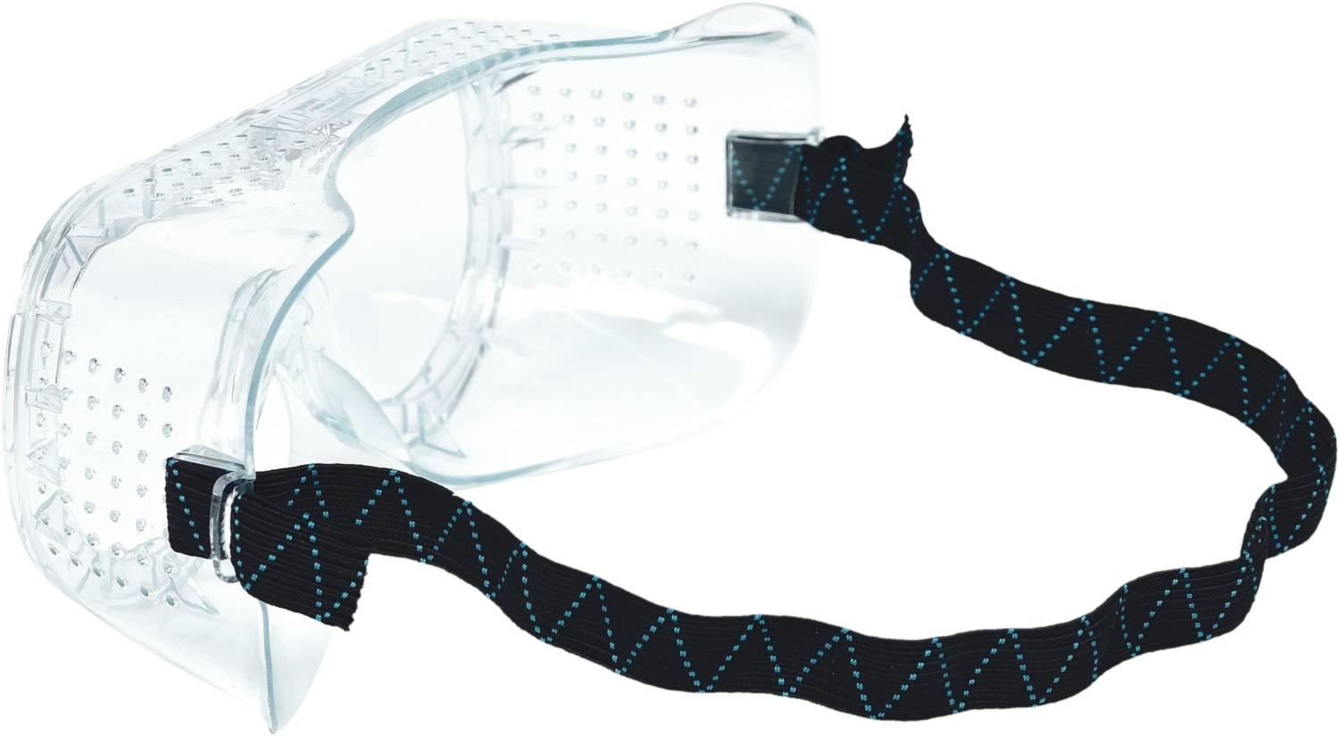 Safety goggles made of clear plastic with a black, adjustable strap, suitable for eye protection during chemical or manual work.