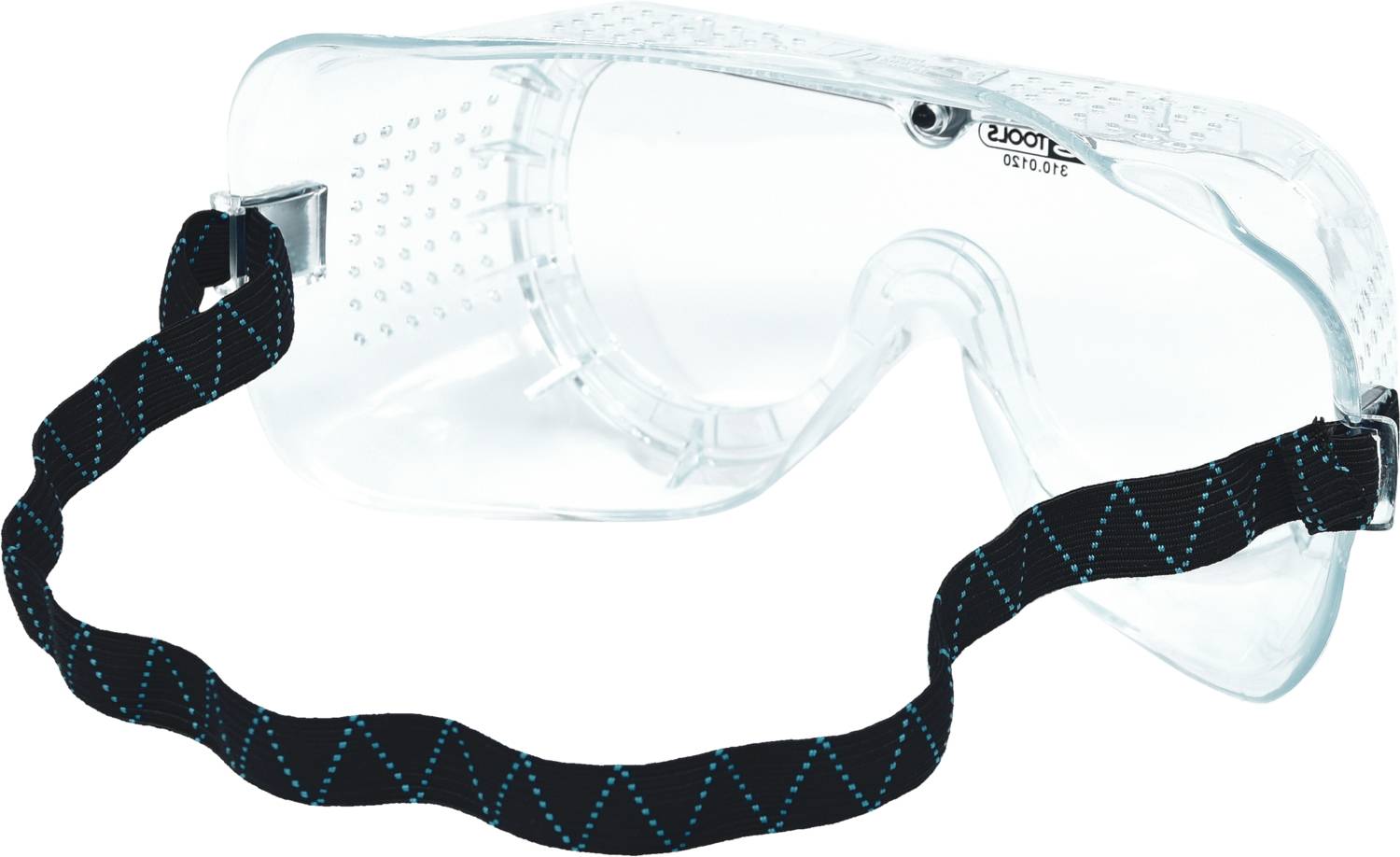 Safety glasses with a transparent glass frame and an adjustable black strap. Suitable for safety purposes.
