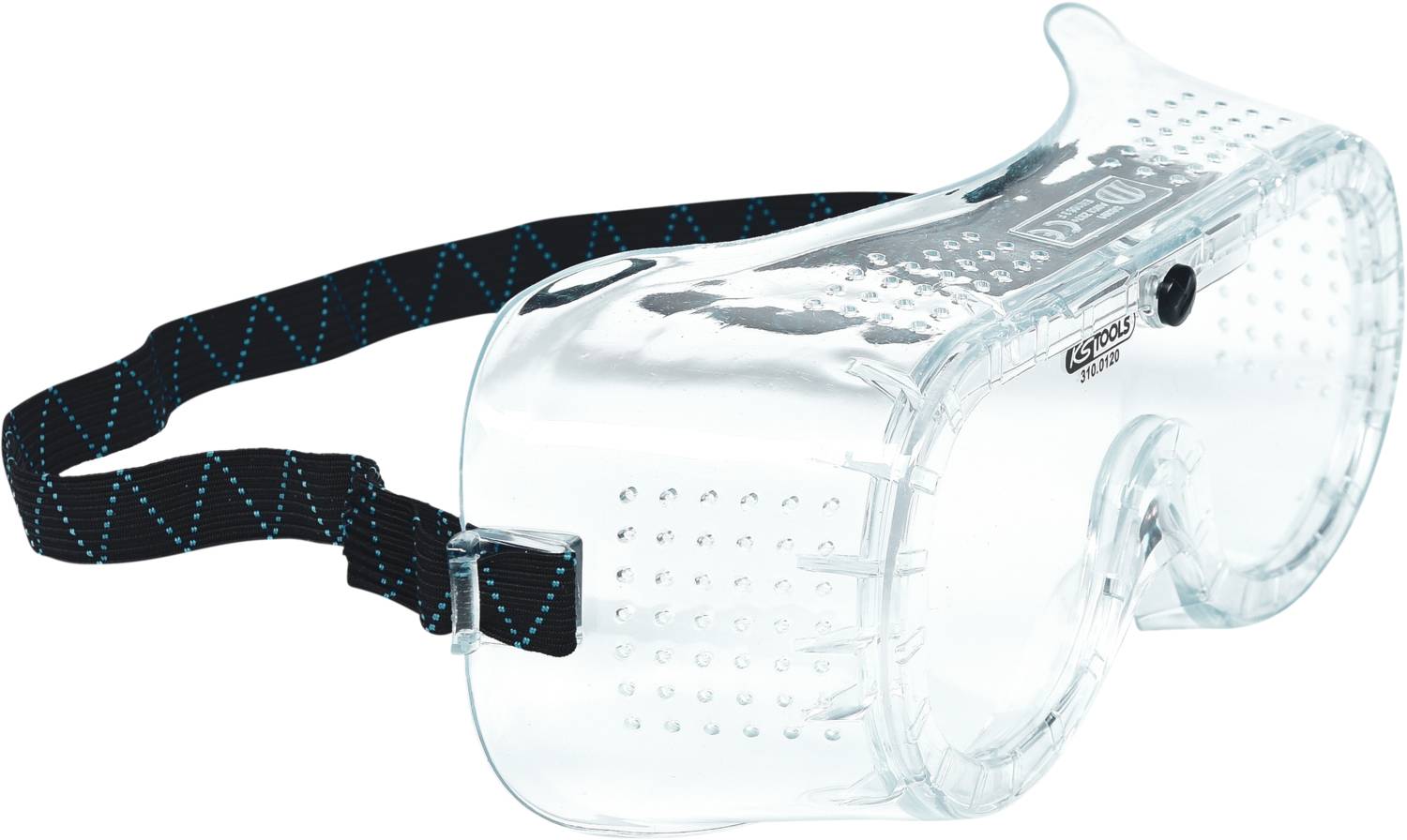 Transparent safety glasses with a black, adjustable headband and blue pattern, suitable for eye protection during manual work.