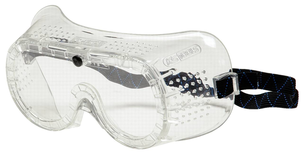 Safety goggles with transparent plastic and a black elastic strap, providing eye protection for laboratory work or construction projects.