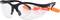 Safety glasses with clear lenses and a black frame, orange ear plugs attached on a cord, with side protective shields.