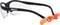 Safety glasses with black arms, clear lenses and an orange earplug attached by a lanyard.