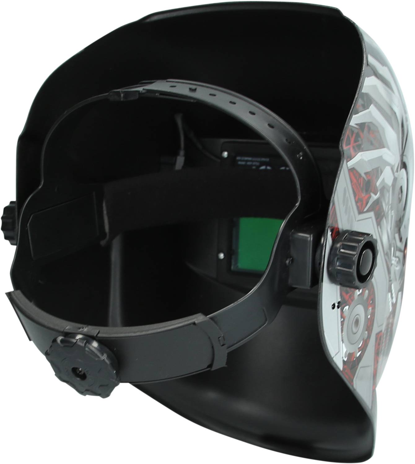Welding helmet with adjustable headband and a display for enhanced protection and visibility.