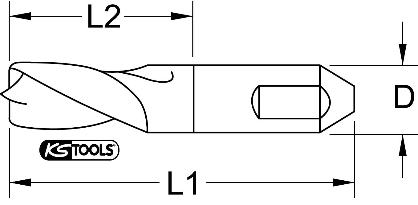 Technical drawing of a drill bit with dimensions: length L1, L2 and diameter D. KS Tools logo in bottom left.