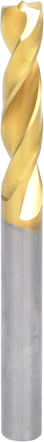 A metal drill bit with a gold-coloured spiral drill head and silver shaft.