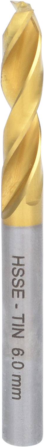 A metal drill bit with a golden, spiral head and silver shaft. On the shaft is written 'HSS-E PM 6.0 mm'.