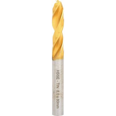 A golden drill bit with a spiral pattern on a silver metal shank. On the shank is written 'HSS-E TIN 6.0 x 30 mm'.
