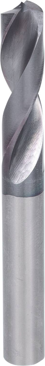 Metal end mill with two spiral cutting edges, cylindrical shank. Typical for milling operations in metalworking.