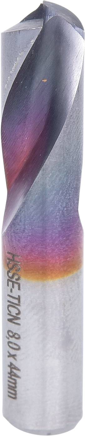 Metal drill bits with spiral design, some in rainbow colours. Label: 'HSS-E TIN 6.0 x 44 mm'.