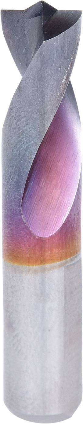 Metal drill bit with rainbow coating, viewed from a vertical perspective. The coating displays purple, pink and golden colour gradients.