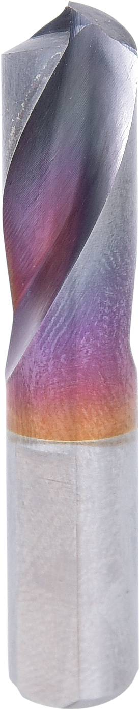 Metal drill bit with a shiny, spiral-shaped cutting head. Upper section displays rainbow-like colour variations.